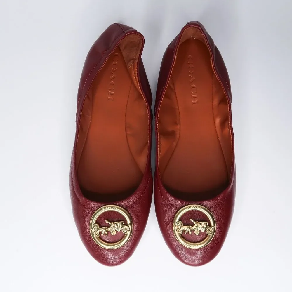 Coach‎ Burgundy Leather Ballet Flats Horse and Carriage Logo Medallion 7B